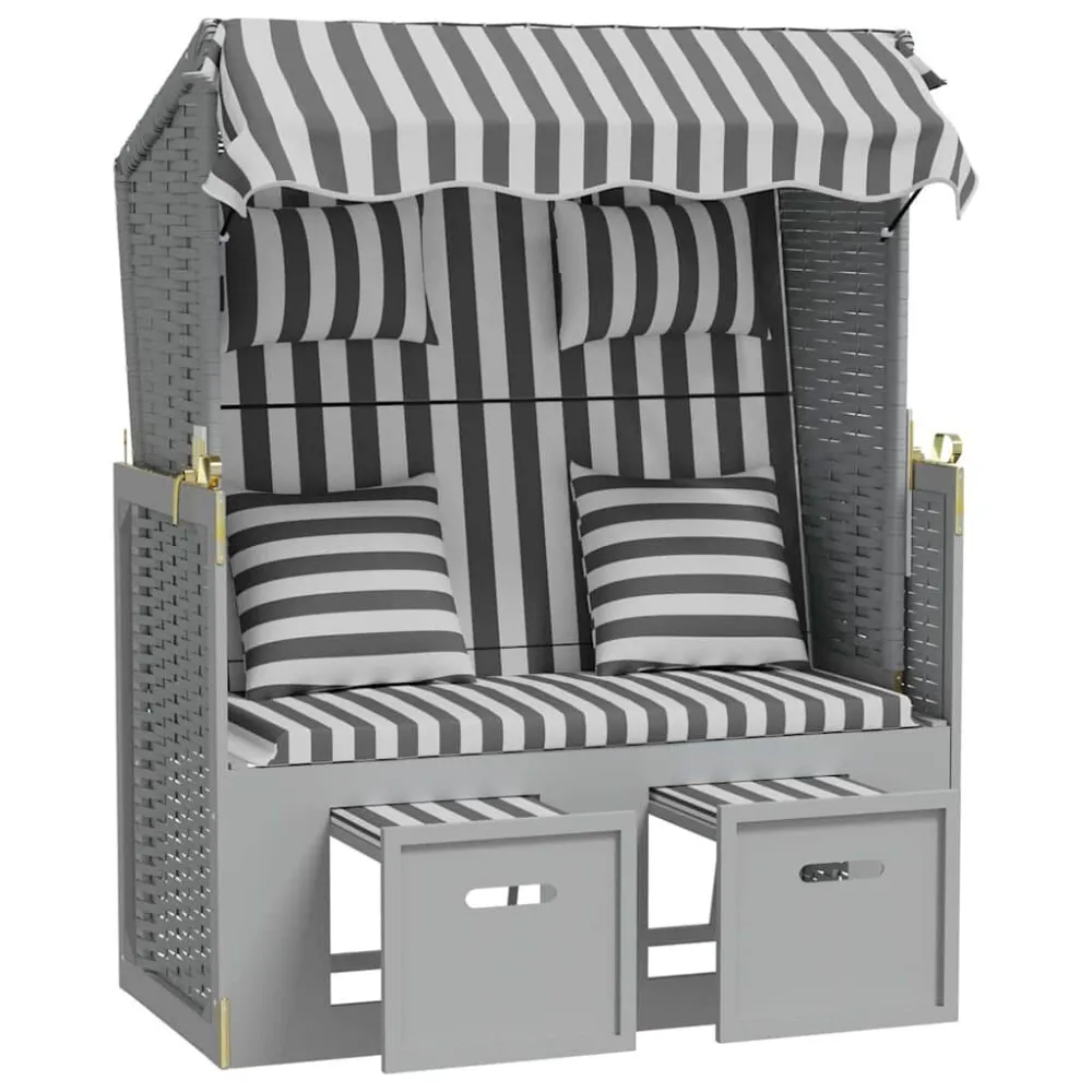 Pouf Portaoggetti Strandkorb Cuscini Polyrattan e Legno Massello Grigio e Bianco