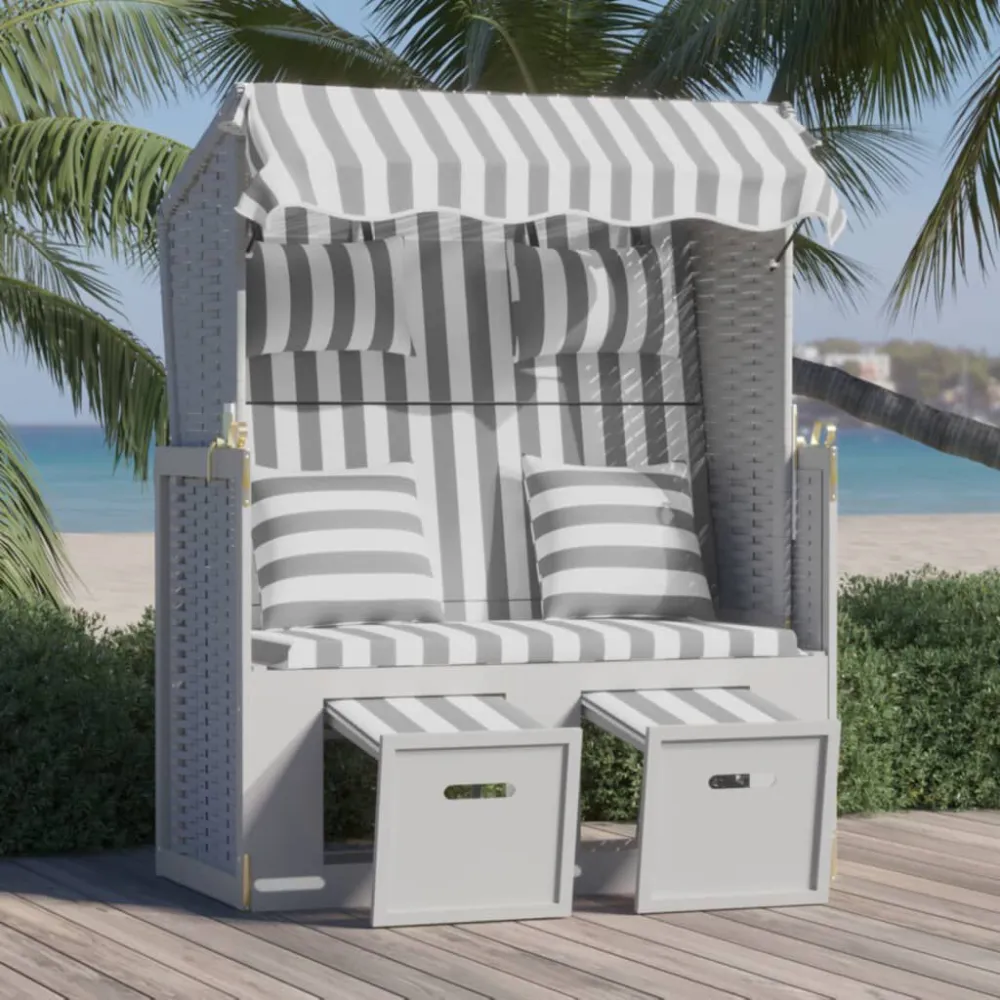 Pouf Portaoggetti Strandkorb Cuscini Polyrattan e Legno Massello Grigio e Bianco