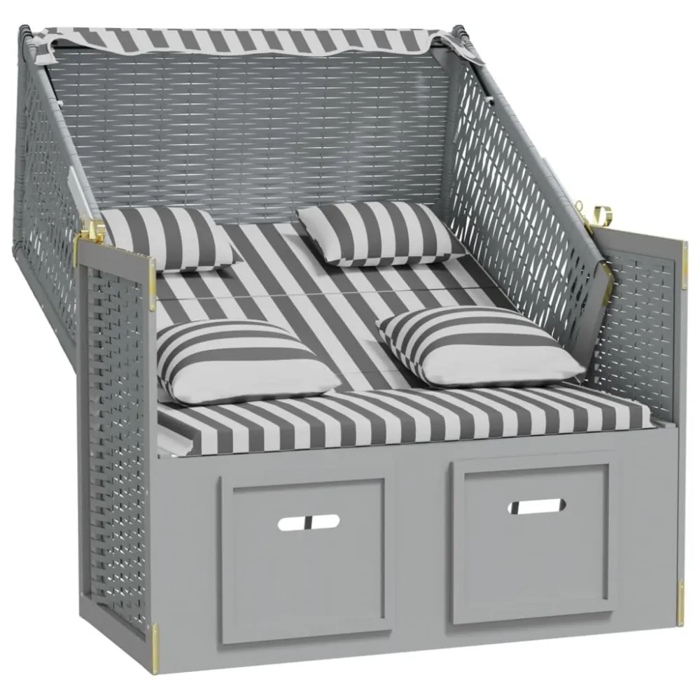 Pouf Portaoggetti Strandkorb Cuscini Polyrattan e Legno Massello Grigio e Bianco