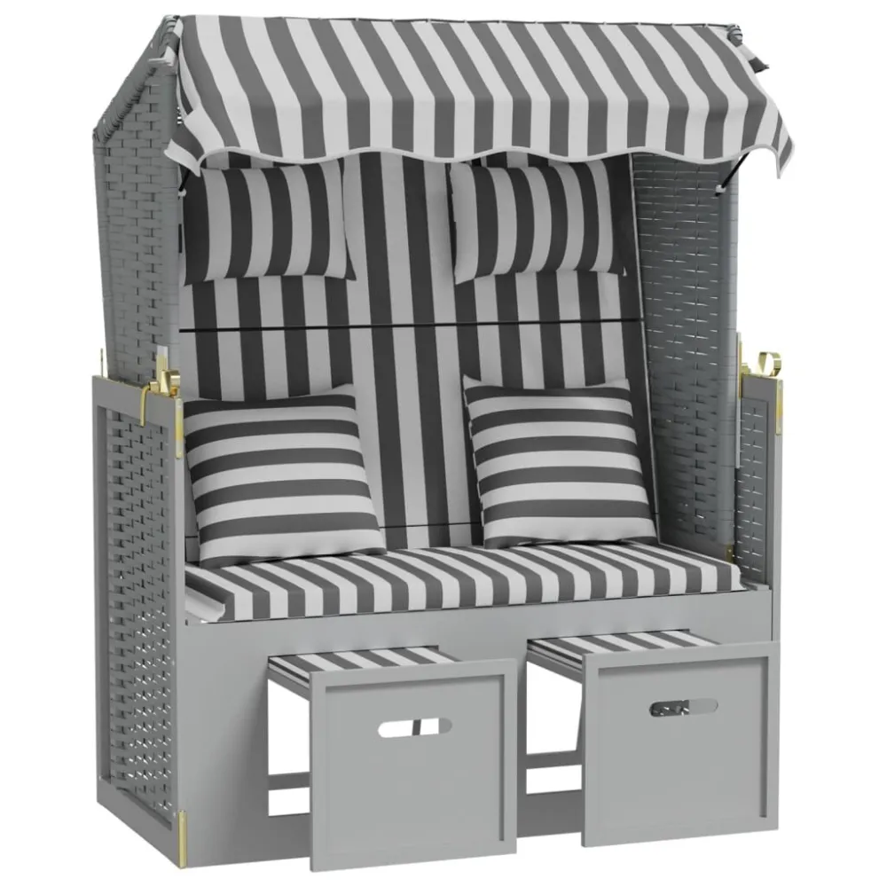 Pouf Portaoggetti Strandkorb Cuscini Polyrattan e Legno Massello Grigio e Bianco