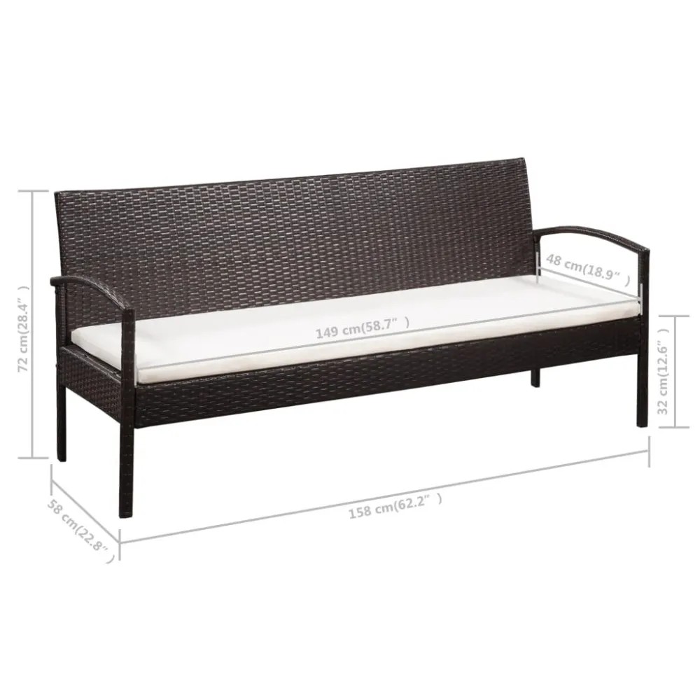 Sedia con Braccioli Divano da Giardino 3 Posti con Cuscini Marrone Polyrattan