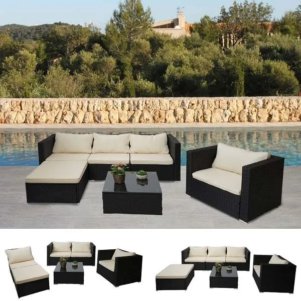 Sedia da Giardino Mendler Brescia set polyrattan set da giardino divano lounge set nero cuscini crema 76297+76298+76299