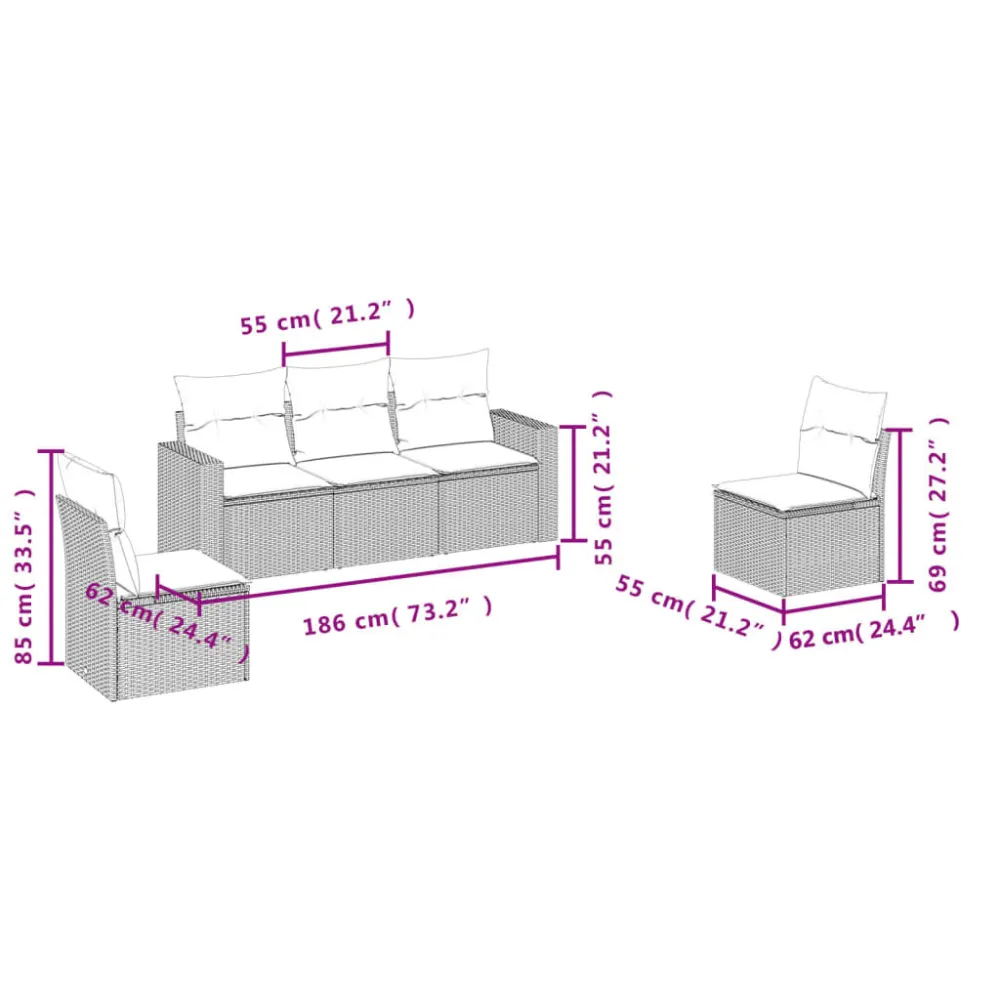 Sedia da Giardino Set Divano da Giardino 5pz con Cuscini Grigio Limpido Polyrattan