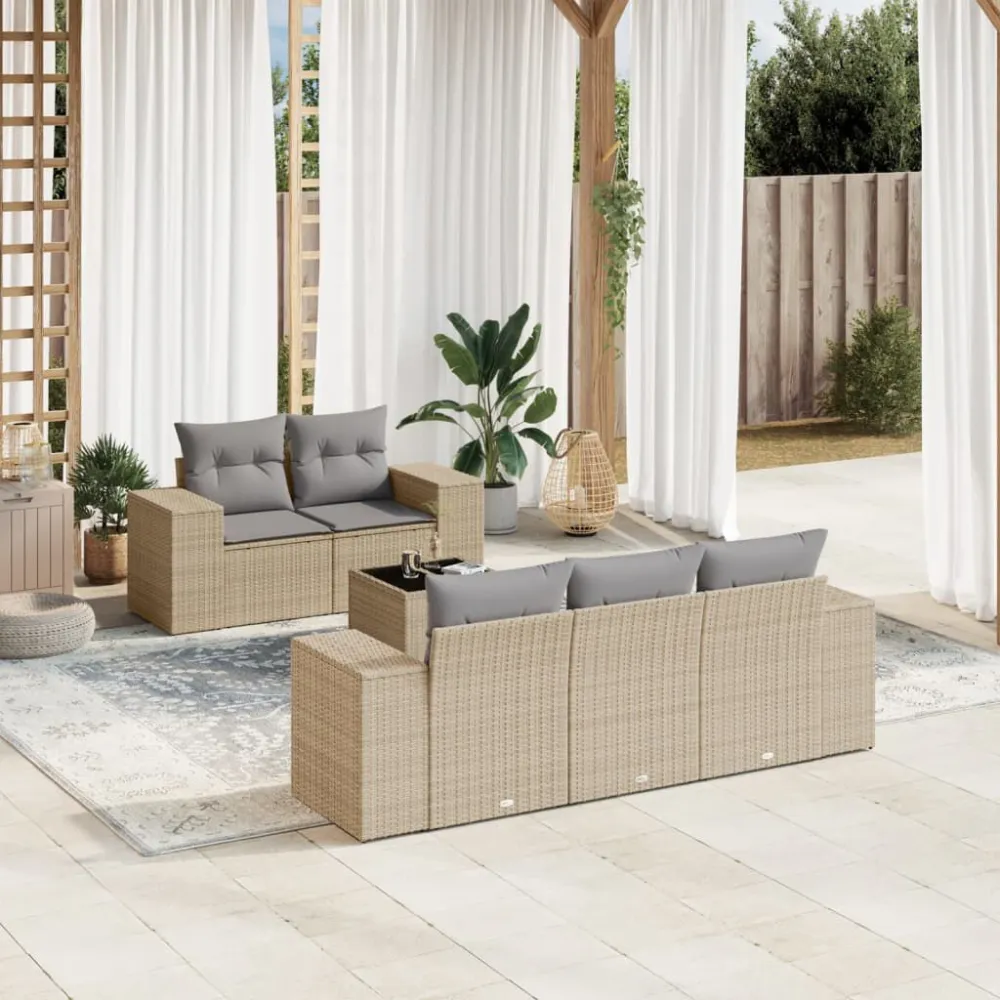 Sedia Pieghevole Set Divano da Giardino 6 pz con Cuscini Panna Polyrattan