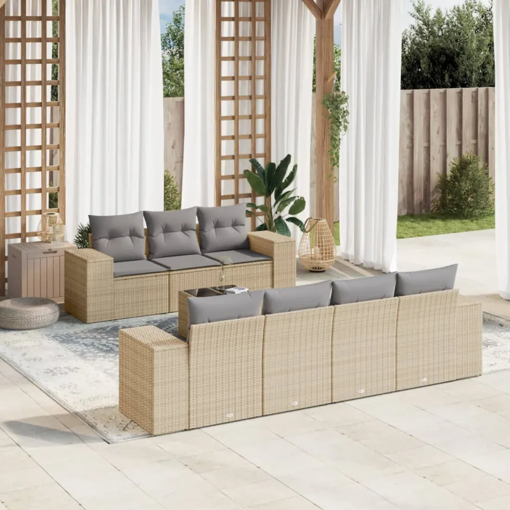 Sedia Pieghevole Set Divano da Giardino 8 pz con Cuscini Sabbia Polyrattan