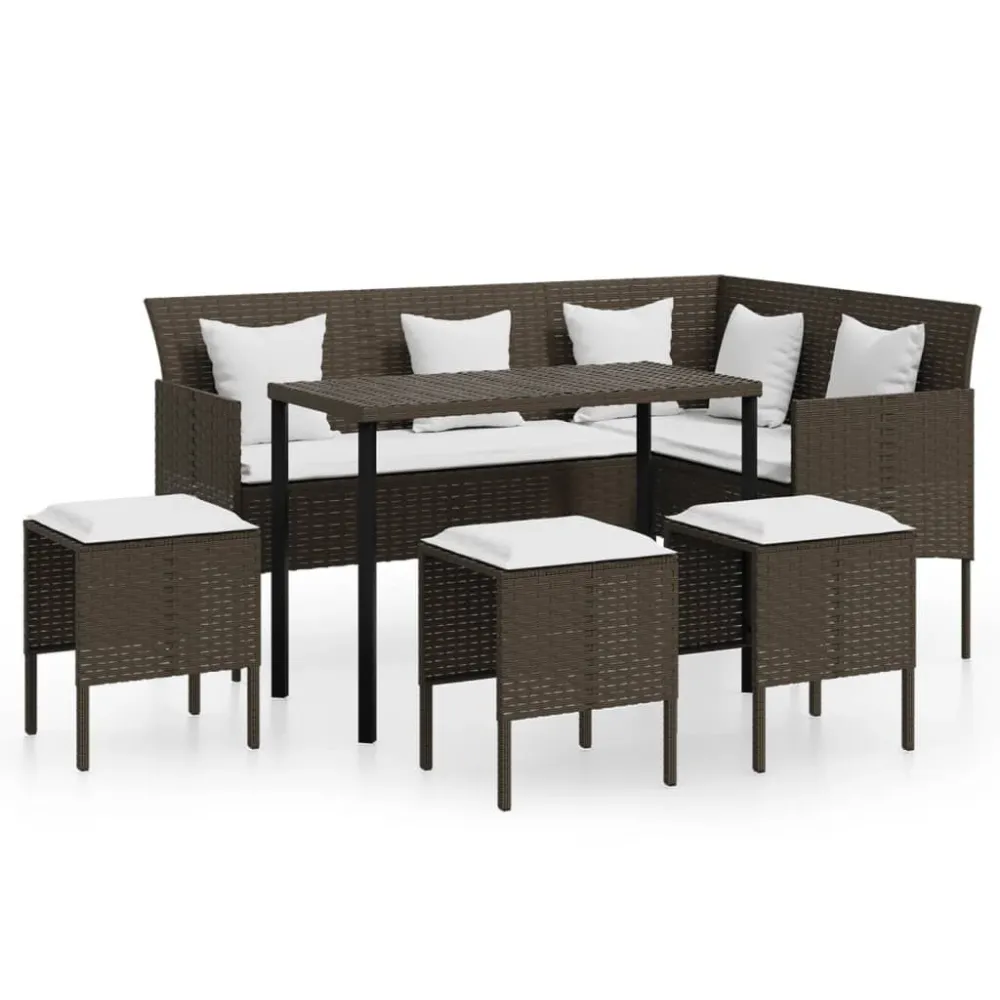 Set Divano L con Cuscini 5 pz Marrone Polyrattan | Pieghevole e Leggera