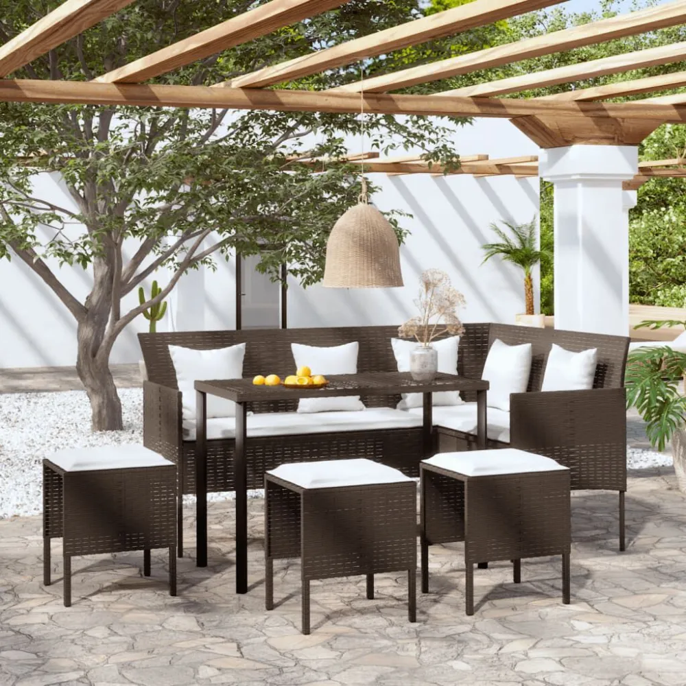 Set Divano L con Cuscini 5 pz Marrone Polyrattan | Pieghevole e Leggera