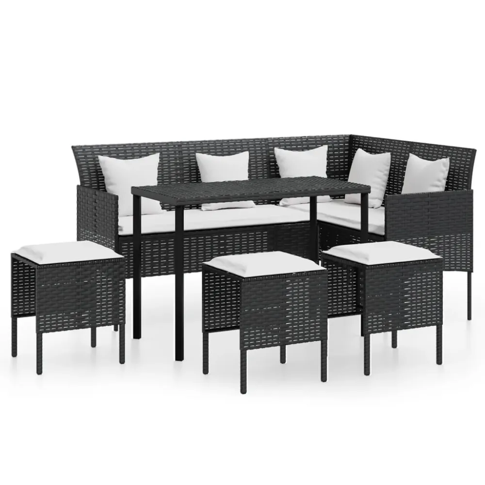 Set Divano L con Cuscini 5 pz Nero Polyrattan con Cuscino Estraibile