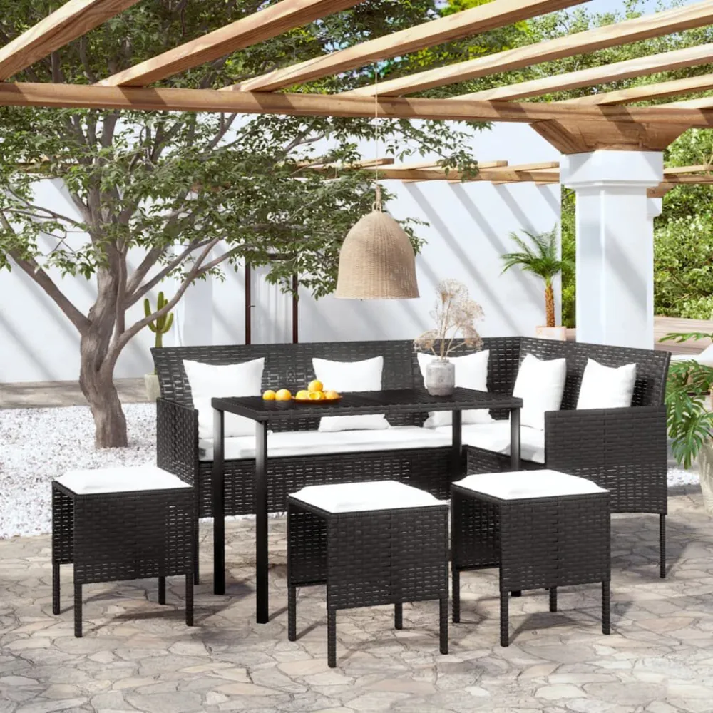 Set Divano L con Cuscini 5 pz Nero Polyrattan con Cuscino Estraibile