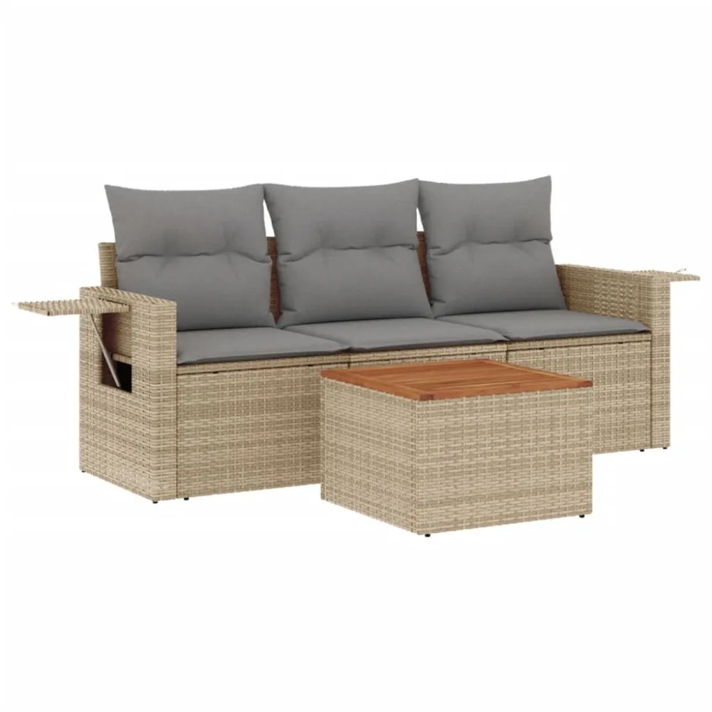 Set Divano da Giardino 4 pz con Cuscini Crema Polyrattan
