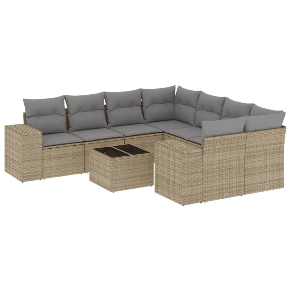 Set Divano da Giardino 9 pz con Cuscini Crema Polyrattan