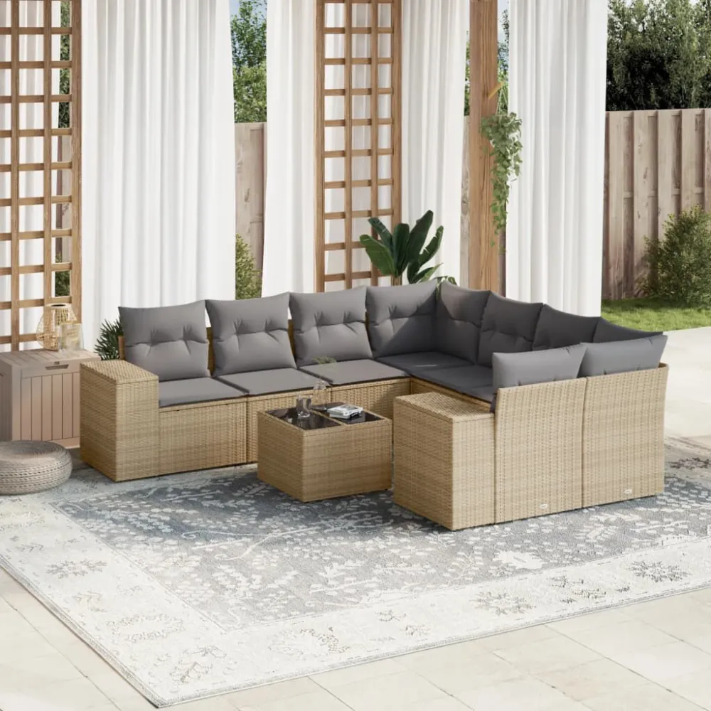 Set Divano da Giardino 9 pz con Cuscini Crema Polyrattan