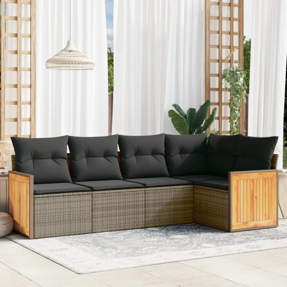 Set Divano da Giardino 5 pz con Cuscini Grigio Polyrattan per Giardino e Spiaggia