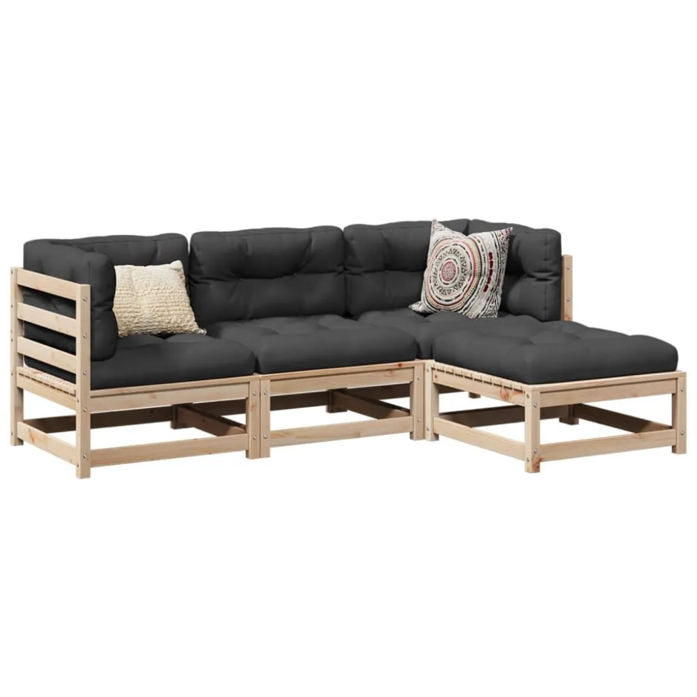 Set Divano da Giardino 4 pz con Cuscini Legno Massello di Pino con Rivestimento Tessuto