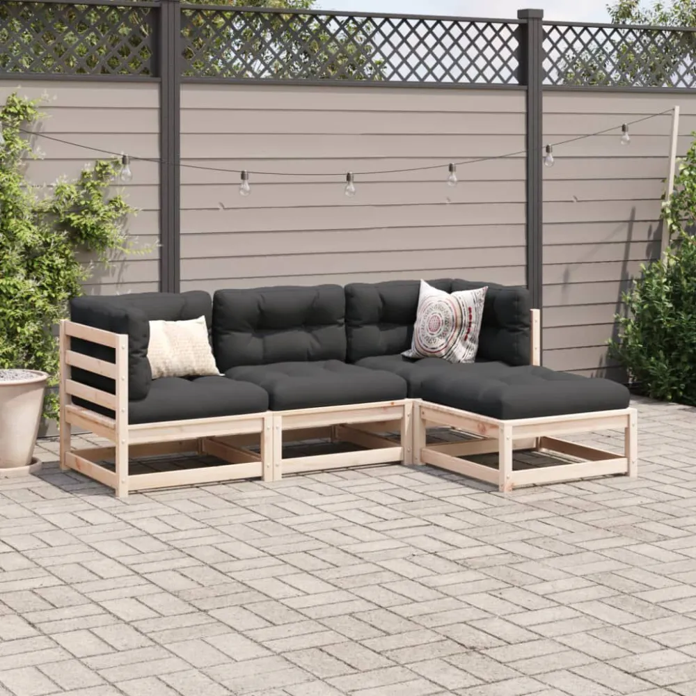 Set Divano da Giardino 4 pz con Cuscini Legno Massello di Pino con Rivestimento Tessuto