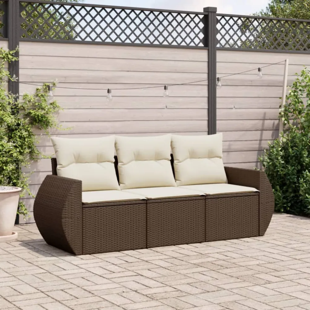 Set Divano da Giardino 3 pz con Cuscini Marrone Polyrattan per Relax all'Aperto