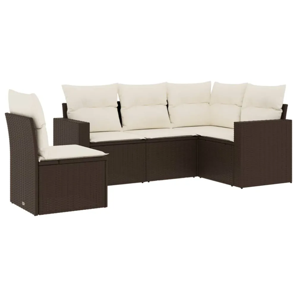 Set Divano da Giardino 5 pz con Cuscini Marrone Polyrattan con Cuscino Estraibile