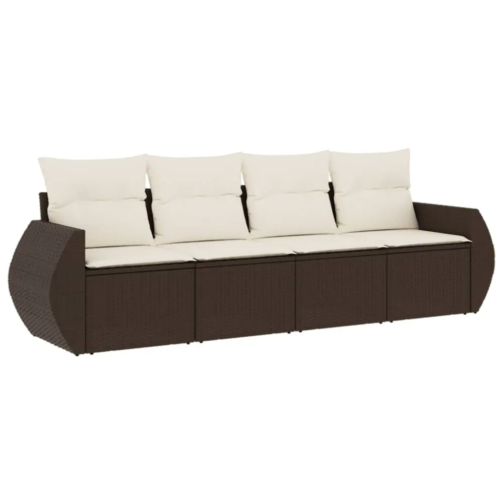 Set Divano da Giardino 4 pz con Cuscini Marrone Polyrattan con Portabicchiere Integrato