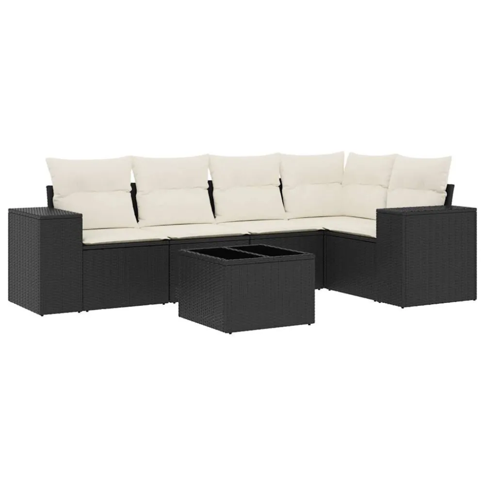 Set Divano da Giardino 6 pz con Cuscini Nero Polyrattan con Cuscino Estraibile