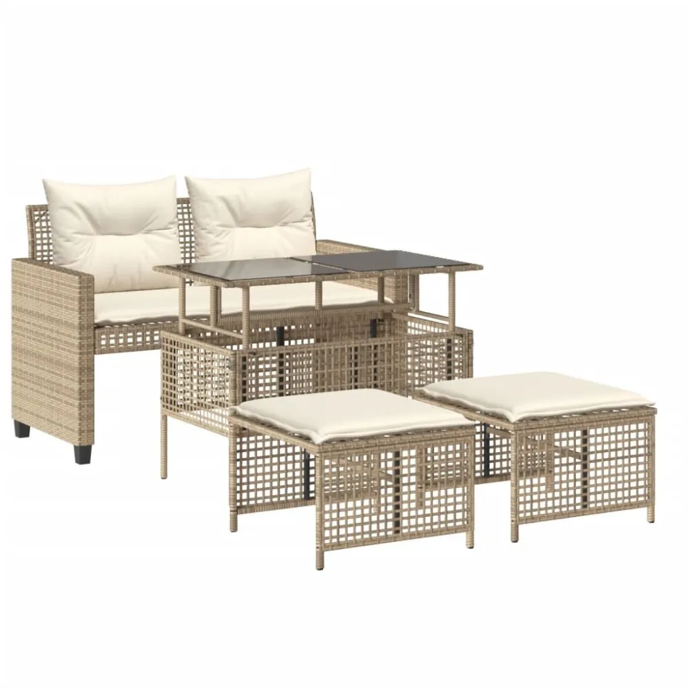 Set Divano da Giardino 4 pz con Cuscini Nocciola Polyrattan Vetro | Pieghevole e Leggera