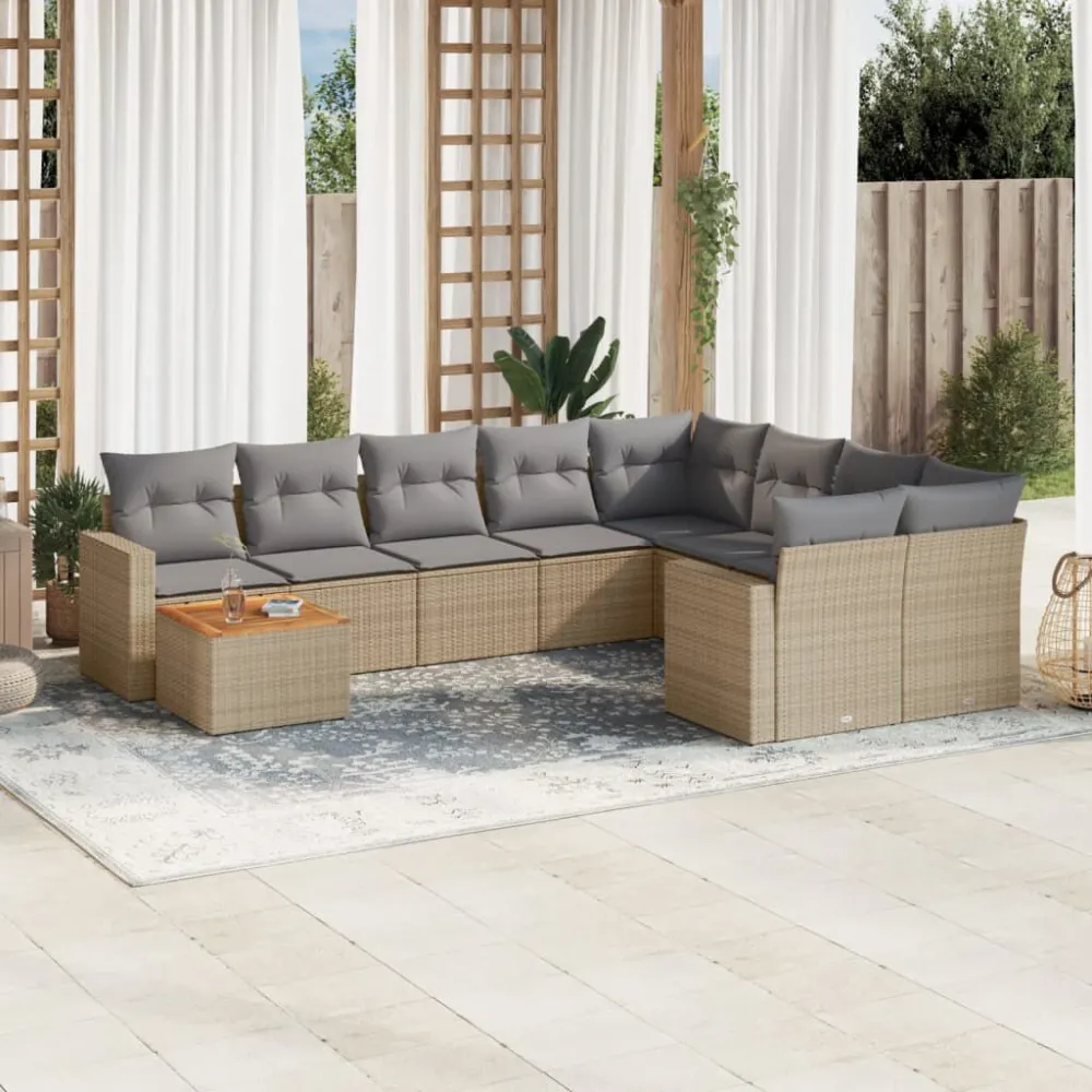 Set Divano da Giardino 10 pz con Cuscini Nocciola Polyrattan
