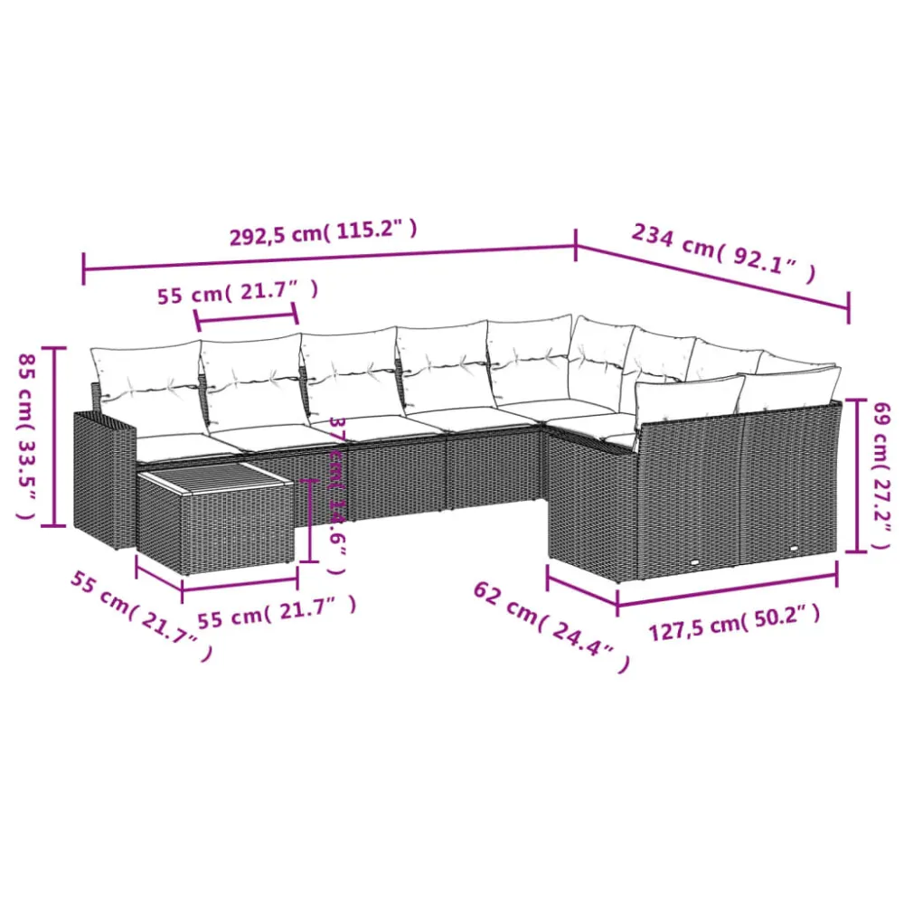 Set Divano da Giardino 10 pz con Cuscini Nocciola Polyrattan