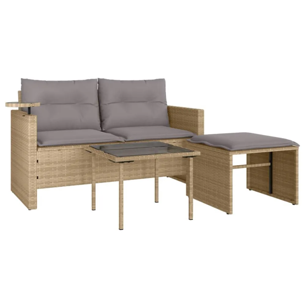 Set Divano da Giardino 3 pz con Cuscini Panna Polyrattan