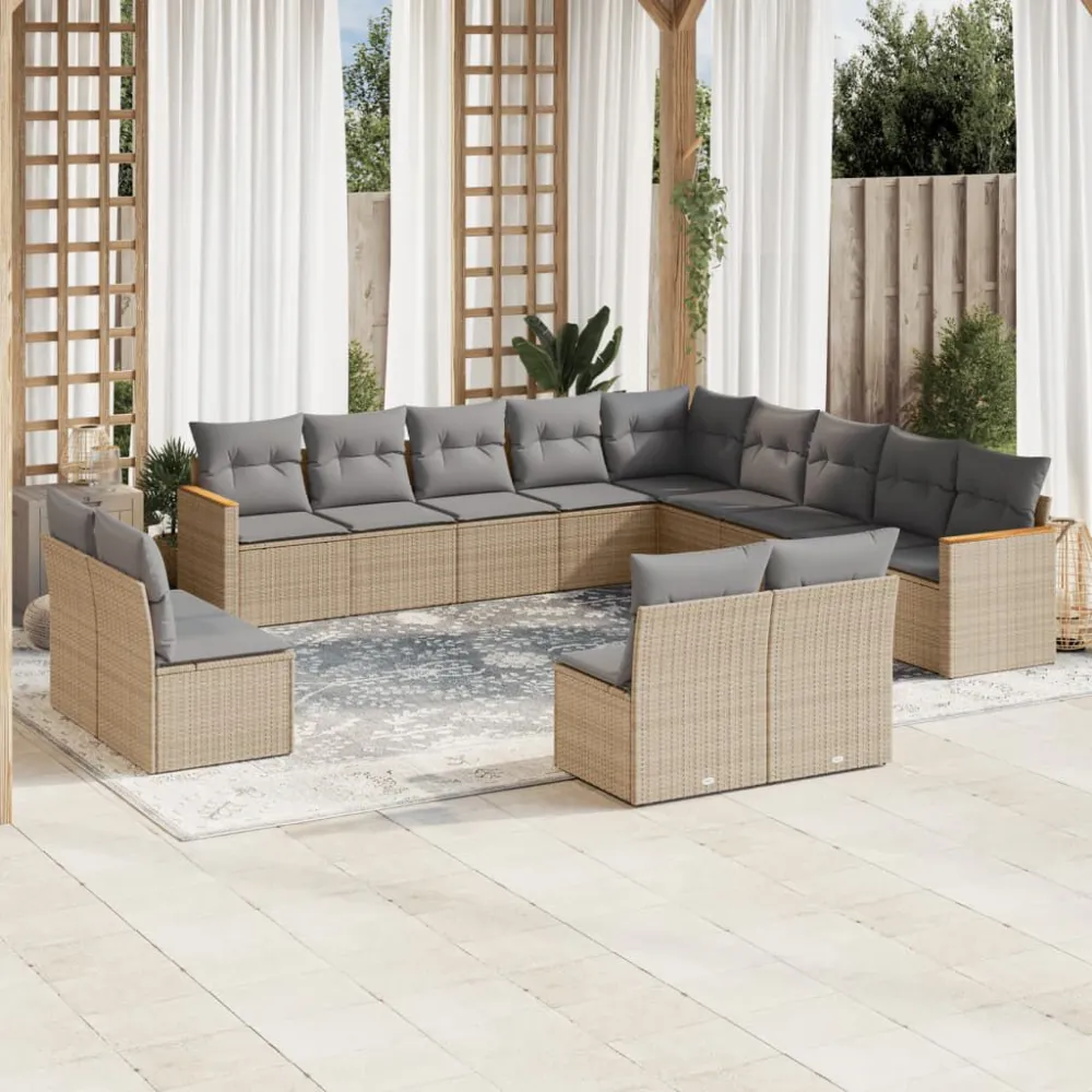 Set Divano da Giardino 13 pz con Cuscini Sabbia Misto Polyrattan con Sistema di Montaggio Rapido