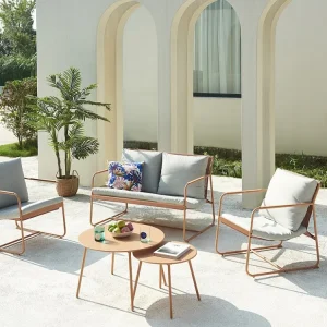 Confortevole Ergonomico Salotto da giardino: divano 2 posti, 2 poltrone e 2 tavolini Arancione e Grigio LASIMO