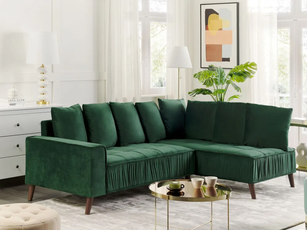 Divano angolare velluto verde nero e legno scuro sinistro GRENA