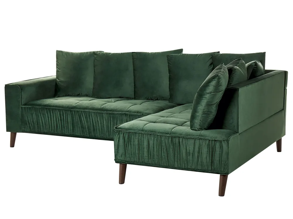 Divano angolare velluto verde nero e legno scuro sinistro GRENA