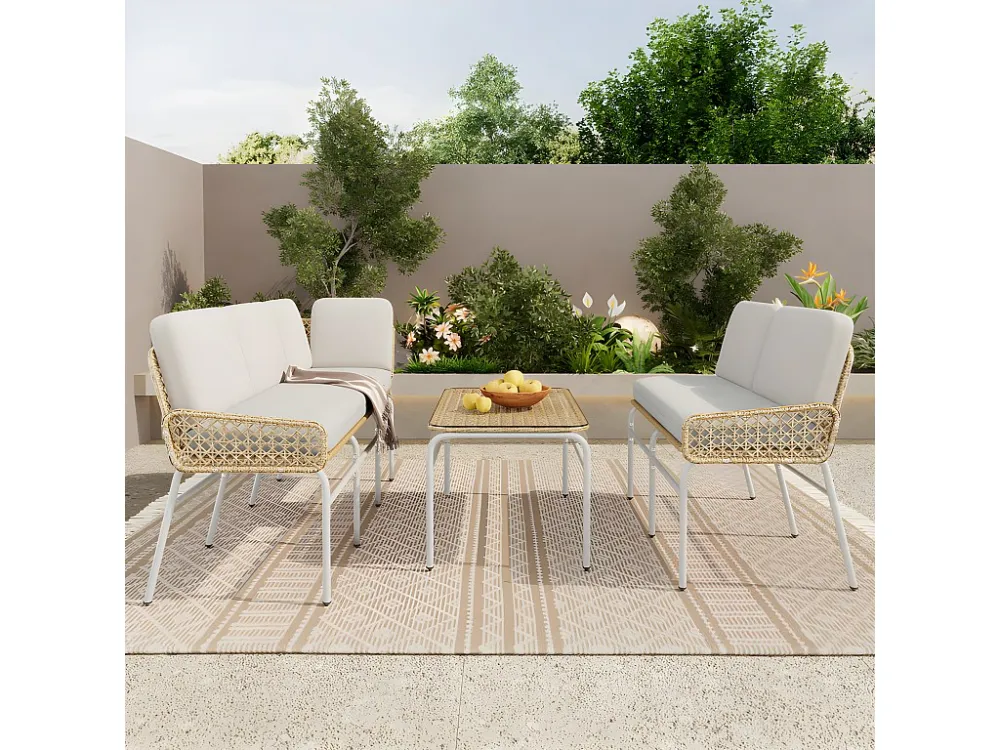 Divano ad angolo da giardino da 4 5 posti - metallo e rattan PE - tavolino con piano vetro temperato - Grigio evidente con...