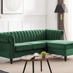 Divano con Angolo reversibile Velluto Verde abete Stile charme retrò TRUMBO
