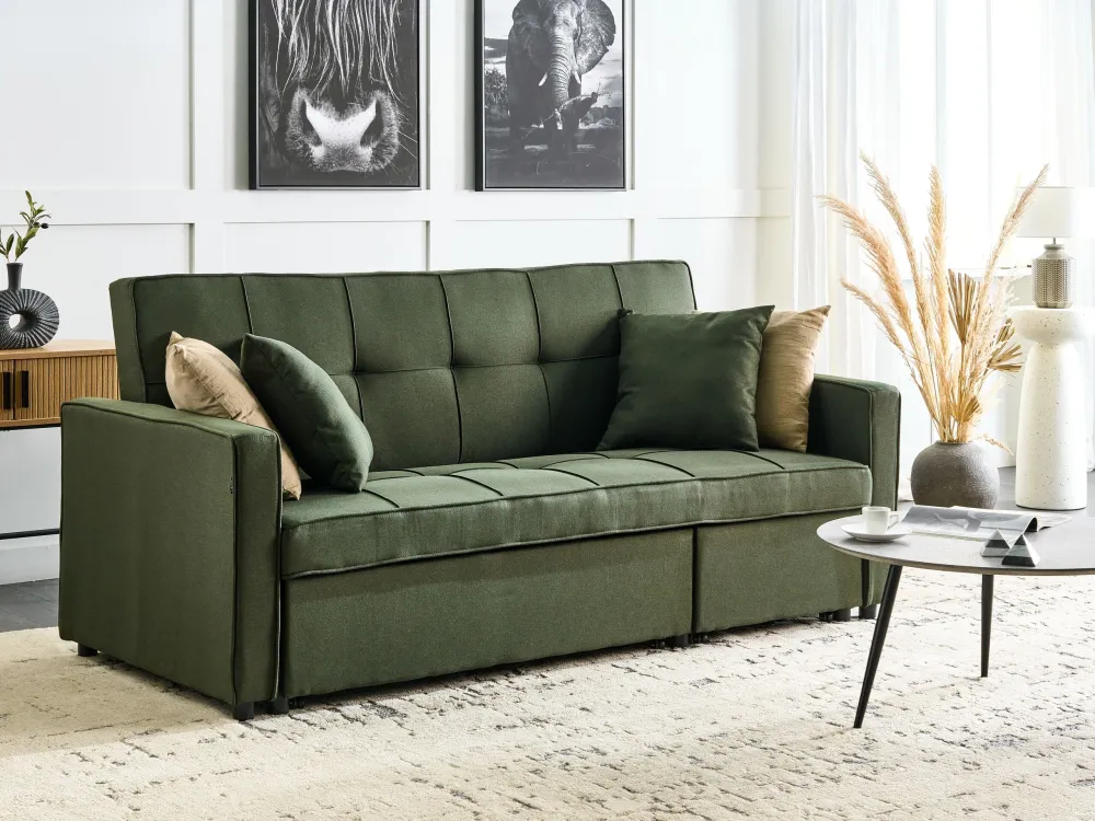 Divano letto 3 posti tessuto verde GLOMMA Legno Massello