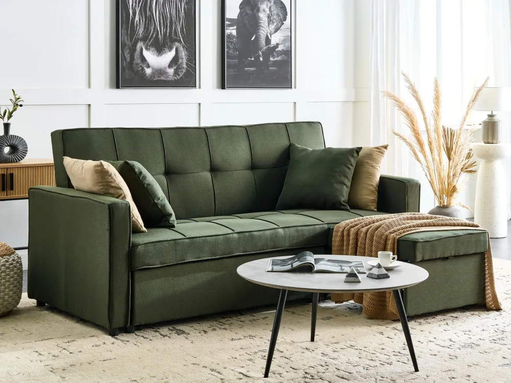 Divano letto 3 posti tessuto verde GLOMMA Legno Massello