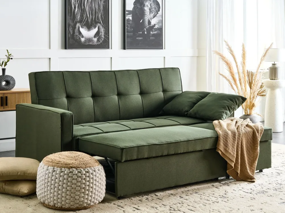 Divano letto 3 posti tessuto verde GLOMMA Legno Massello