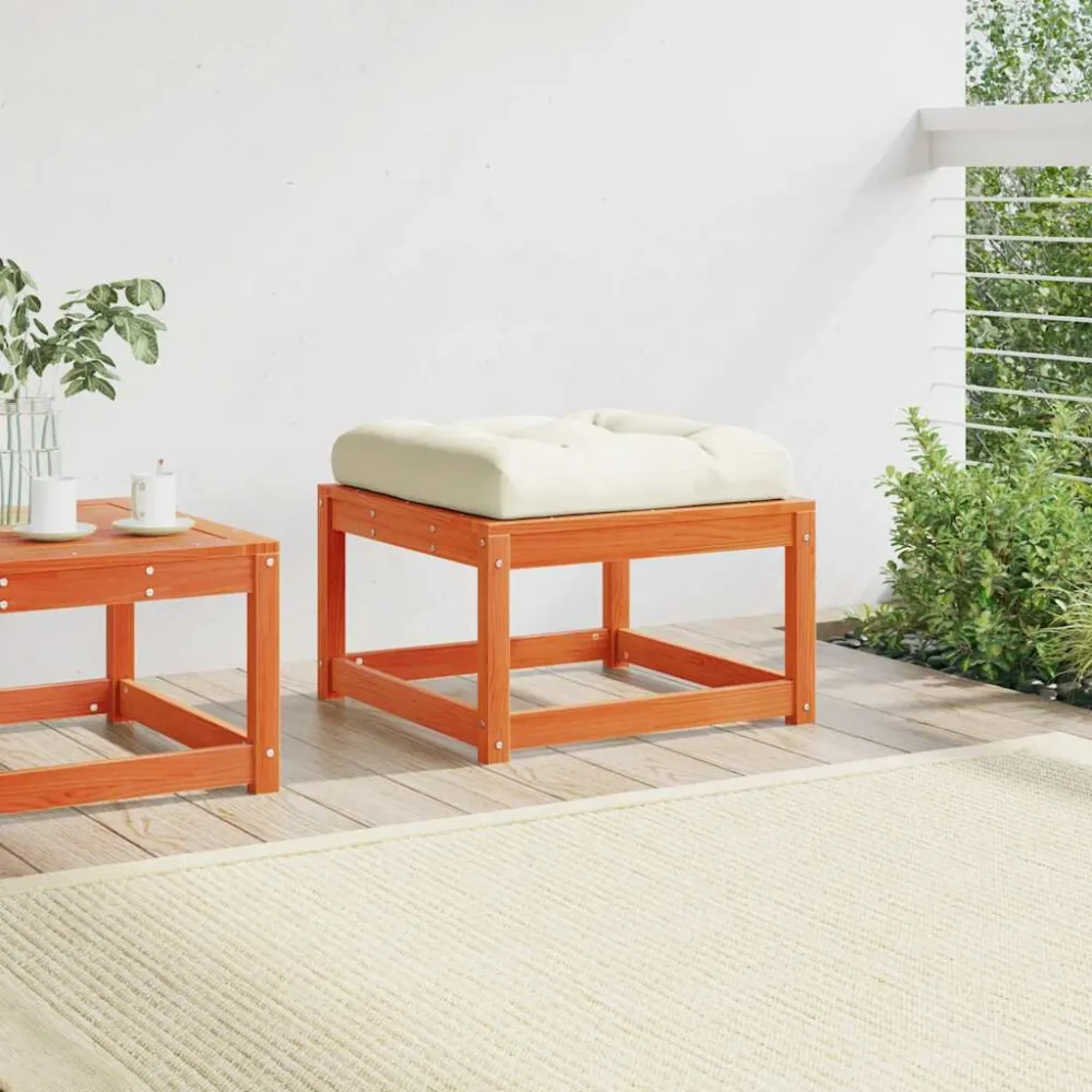 Poggiapiedi da Giardino con Cuscino Marrone Cera Massello Pino per Relax all'Aperto