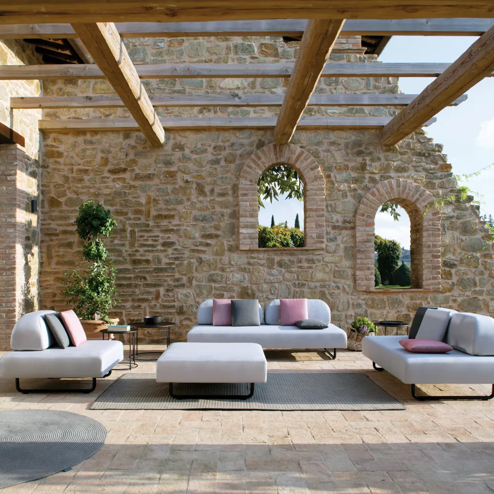 Poltrona Dondolo Modulo triplo divano imbottito "Santa Fe" metallo da giardino cm 190x90 70h