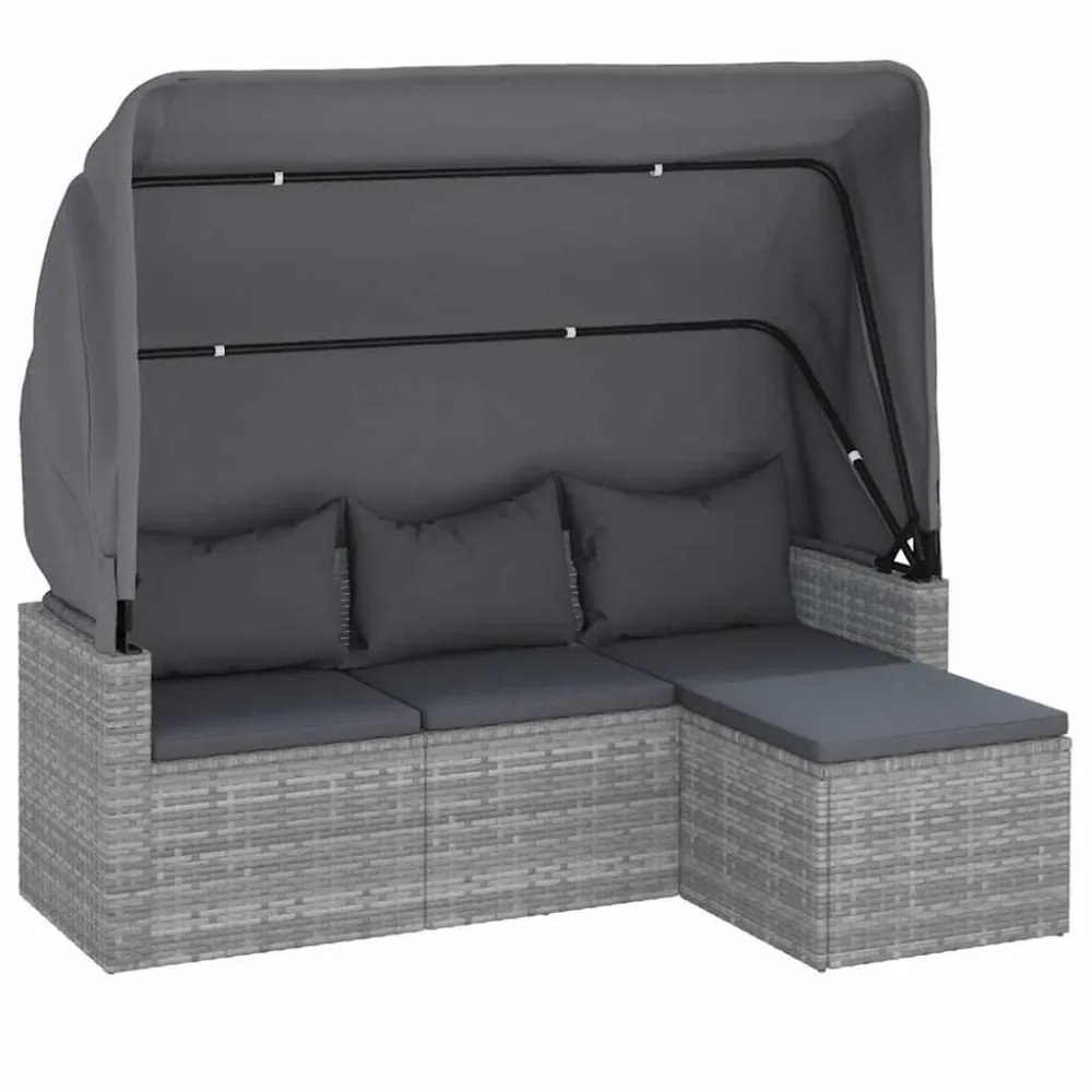 Pouf Portaoggetti Divano Giardino 3 Posti Tetto e Poggiapiedi Grigio Polyrattan