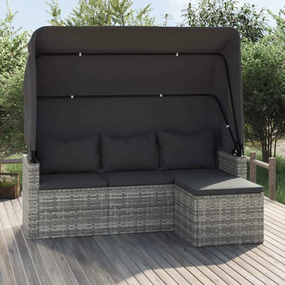 Pouf Portaoggetti Divano Giardino 3 Posti Tetto e Poggiapiedi Grigio Polyrattan