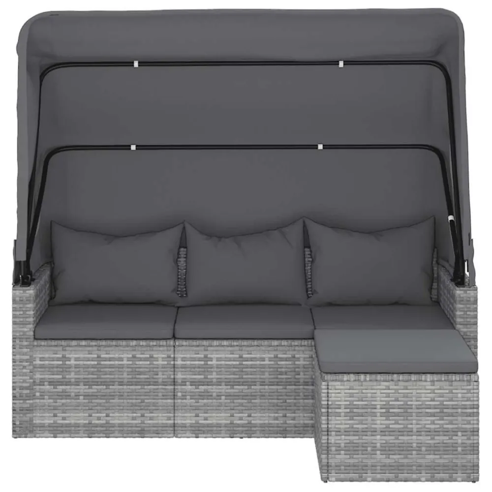 Pouf Portaoggetti Divano Giardino 3 Posti Tetto e Poggiapiedi Grigio Polyrattan