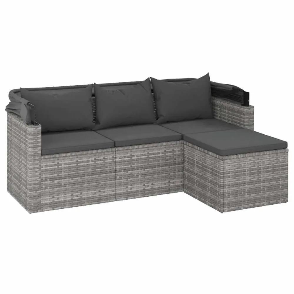 Pouf Portaoggetti Divano Giardino 3 Posti Tetto e Poggiapiedi Grigio Polyrattan