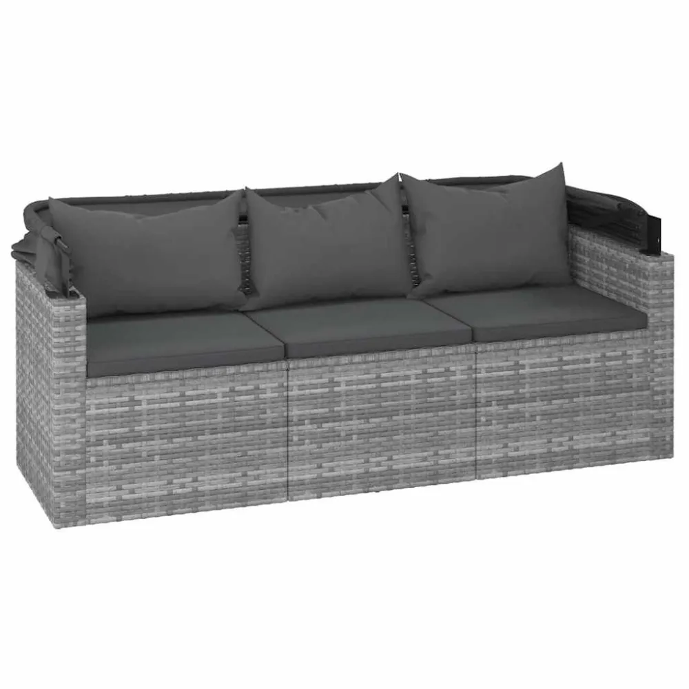 Pouf Portaoggetti Divano Giardino 3 Posti Tetto e Poggiapiedi Grigio Polyrattan