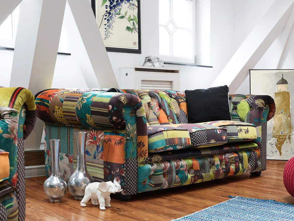 Pouf Portaoggetti Divano 3 posti tessuto verde e giallo CHESTERFIELD
