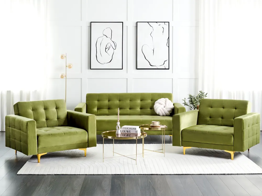 Pouf Portaoggetti Set da salotto velluto verde oliva ABERDEEN