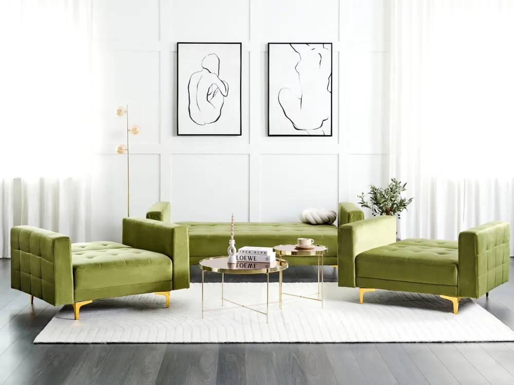 Pouf Portaoggetti Set da salotto velluto verde oliva ABERDEEN