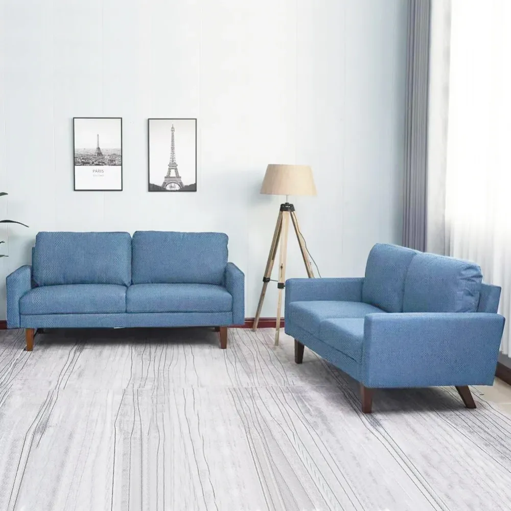 Set 2 Divani Lino Divano e Divanetto per Salotto con Gambe di Legno Blu