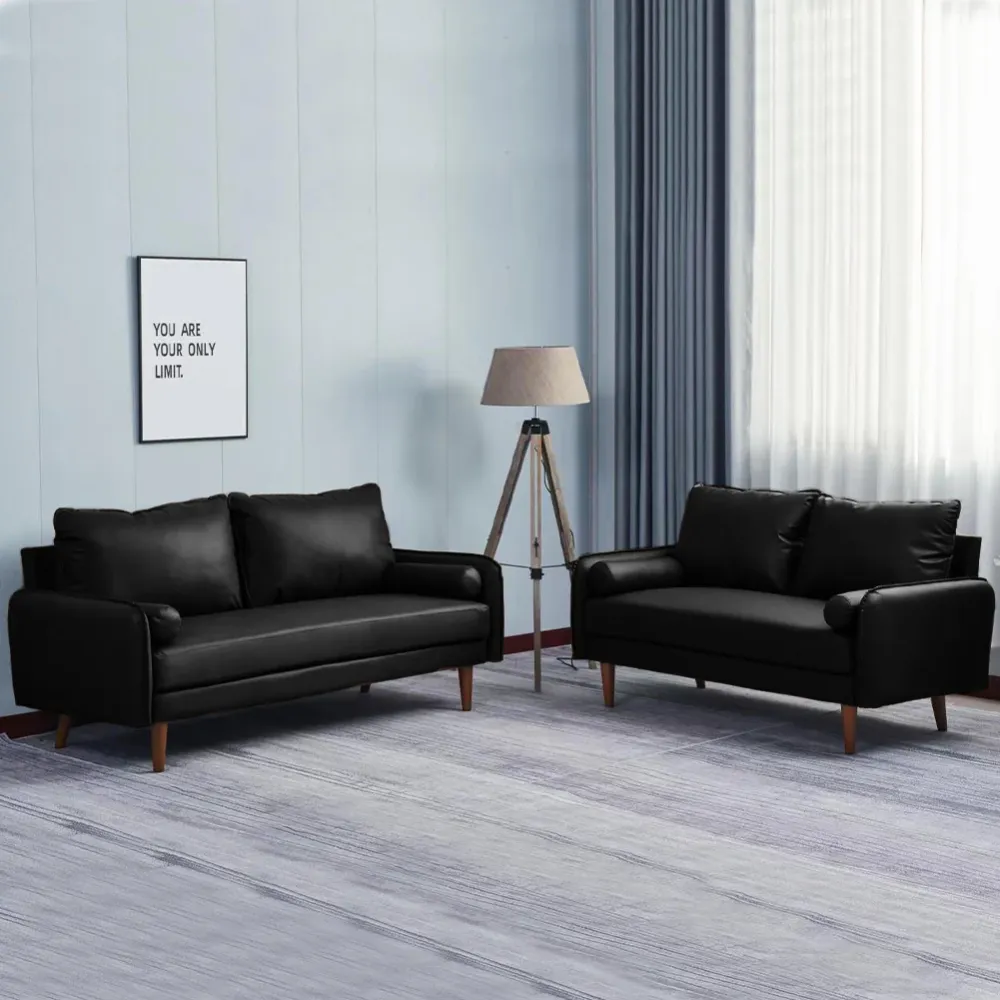 Set 2 Divani Similpelle Divano e Divanetto Cuscini Soggiorno Salotto Nero