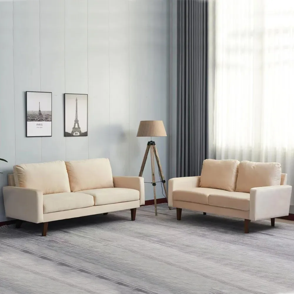 Set 2 Divani Velluto Divano e Divanetto per Salotto con Gambe di Legno Beige
