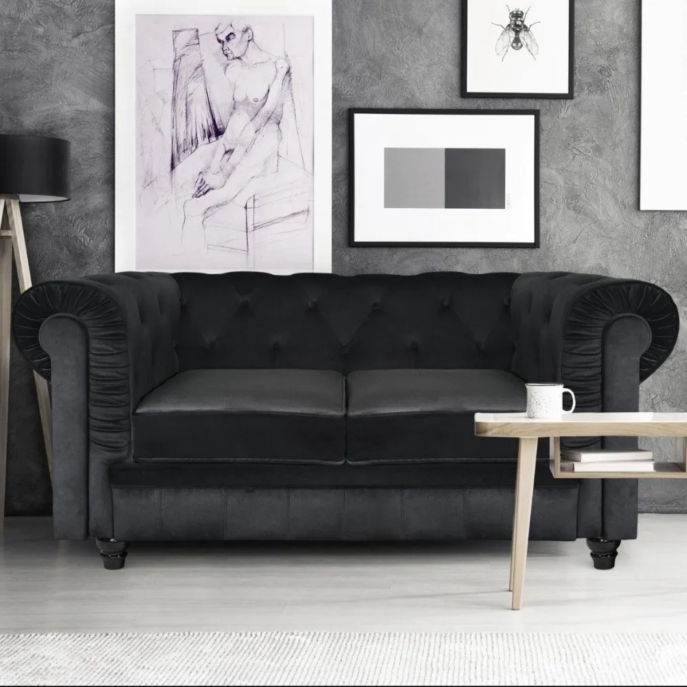 Divano grande Chesterfield 2 posti velluto nero
